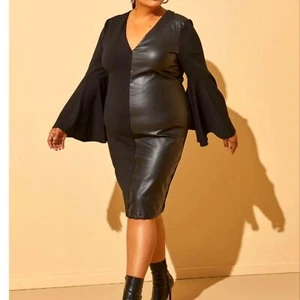 Ashley Stewart Edgy Kunstleder schwarz Etuikleid Gr. 22 24 Stretch Glockenärmel - Bild 1 von 5