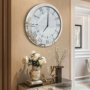 24" Large Silver Round Mirror Wall Clock with Twinkle Crystal Diamond Home Décor - Picture 1 of 12