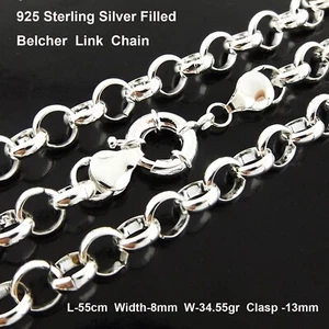 Necklace Real 925 Sterling Silver Filled Solid Belcher Rolo Boltring Chain 55cm - Picture 1 of 3