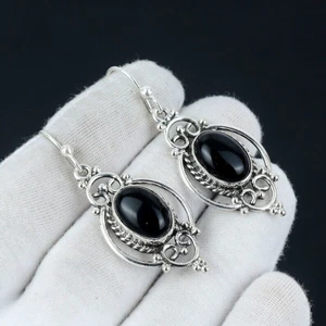 Black Onyx Silver Earring 925 Sterling Silver Earring Handmade Gemstone Earrings - Picture 1 of 4
