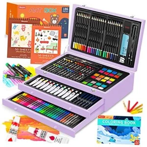 Art Supplies, 186-Pack Deluxe Art Set with 2 A4 Drawing Pads, 1 Purple-186 - Picture 1 of 8