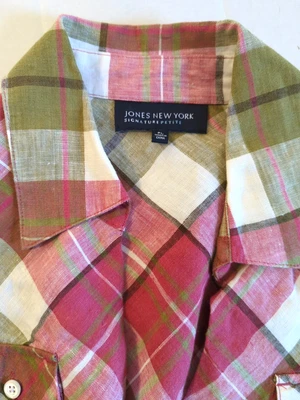 Jones New York Linen Blouse PL Button Up Plaid Front Tie Roll tab Classic Sporty - Image 1 of 4