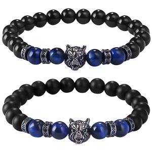 Men's Wolf Head Tiger Eye Black Onyx Stone Round Beaded Elastic Bracelet Gift - Picture 1 of 18