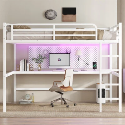 Queen Size Metal Loft Bed with Desk,LED Smart Light & USB Charging Station,White - Image 1 of 4