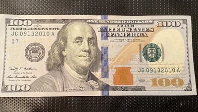 $100 DOLLAR BILL- BIRTHDAY or ANNIVERSARY NOTE “JG 09132010 A” ..09/13/2010 - Image 1 of 3