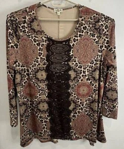 One World Long Sleeve Tunic Shirt Animal Medallion Print Rhinestone Lace Trim Si - Picture 1 of 9