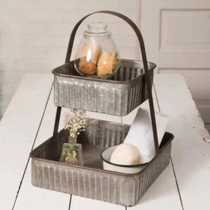 2 TIER Serving Stand Galvanized Metal Square Tray Food Cupcake Display w/ Handle - Picture 1 of 7