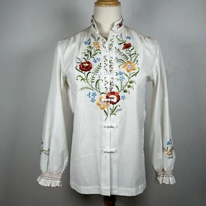 Vintage 60s Hand Embroidered Blouse Asian Floral Chinese 60s Long Sleeve S M - Picture 1 of 9