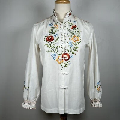 Винтажная блузка 60-х с ручной вышивкой азиатский цветочный китайский 60-х с длинным рукавом S M - Изображение 1 из 4