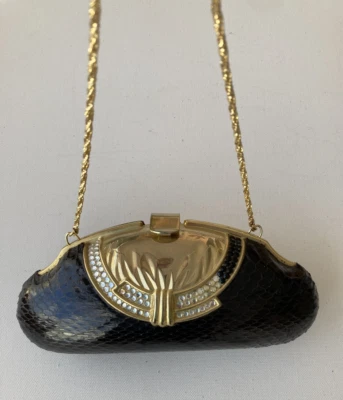 Vintage Snake Skin Black Evening Bag, with gold trim and rhinestones - Image 1 of 4