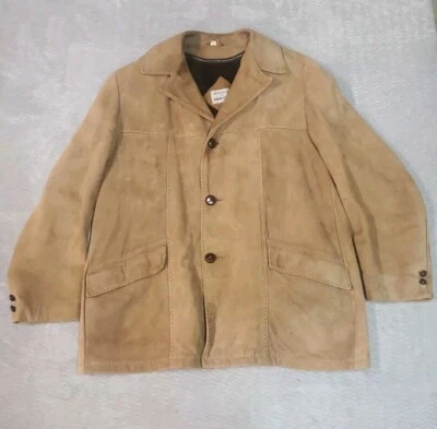 Chaqueta de cuero vintage para hombre 46 abrigo de granero beige marrón forrado gamuza abotonada  Foto 1 de 4