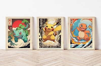 Set of 3 Vintage Starters Pokemon Art piece canvas wall home decor Portrait - Image 1 of 4