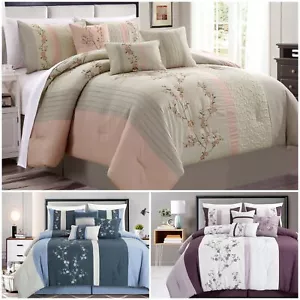 Chezmoi Collection Linnea 7-Piece Cherry Blossom Floral Embroidery Comforter Set - Picture 1 of 16