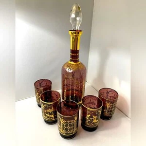 Atemberaubende venezianische Amethyst Karaffe mit 5 Gläsern, vergoldet in Gold - Bild 1 von 12