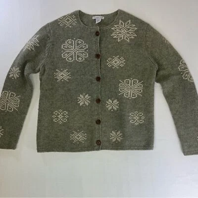 Vintage Eagles Eye Green Snowflake Wool Sweater Cardigan Size Large - Image 1 of 4