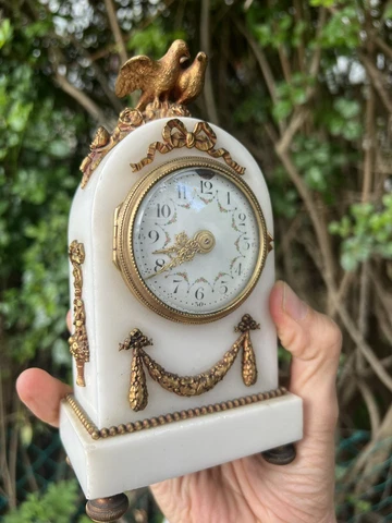 ANTIQUE FRENCH MINIATURE CLOCK WHITE MARBLE GILT BRONZE ORMOLU Cover