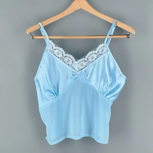 Y2K blau transparentes Mesh Satin Cami Camisole Cropped Spitze M - Bild 1 von 8