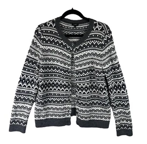 Talbots Geometric Chevron Beaded Button Front Knit Cardigan Lambswool Blend M P - Picture 1 of 12