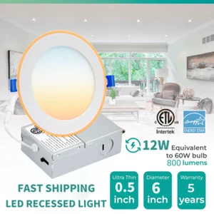 6 Inch 12Watt 5CCT Ultra-Thin Dimmable LED Recessed Ceiling Lights Junction Box - Picture 1 of 28