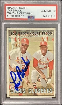 Lou Brock Signed 1967 Topps #63 Baseball Card Cardinals HOF PSA/DNA Auto Gem 10 - Image 1 of 2