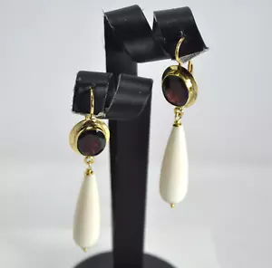 ORECCHINI ARGENTO 925 DORATO CABOCHON GRANATO E PENDOLI OSSO AGHT 0920 - Foto 1 di 3