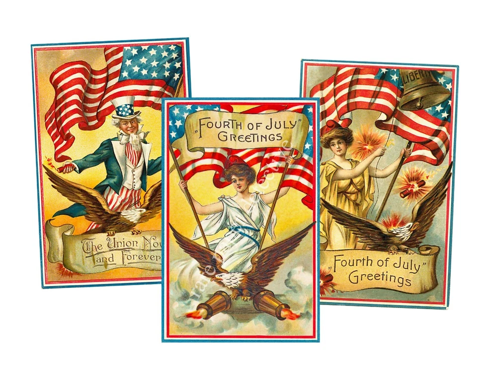 Vintage Fourth of  July Holiday Sticker REPRODUCTIONS, Set of 3, 3.5 x 5.5" Each - Image 1 of 1