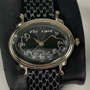 Betsey Johnson Uhr Damen silberfarben ovales Zifferblatt Lederband schwarz - Bild 1 von 9