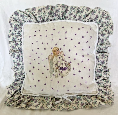 Throw Pillow Angels Remembered VTG Cross Stitch 14x14 Granny Handmade Purple - Image 1 of 4