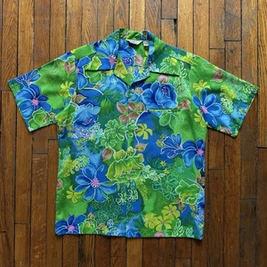 True Vintage 70s Reef Hawaii Floral Leaf Barkcloth Button Down Shirt Camp Men - Picture 1 of 11