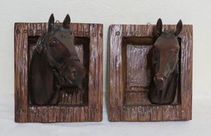 2 Wooden Horse Head Bust Wall Plaques Hand Carved Barn Sculpture Wood Carvings - Picture 1 of 10