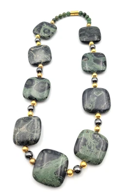 Chunky Crocodile Jasper Stone Necklace Gold Tone Bead Magnetic Clasp 20" - Image 1 of 4