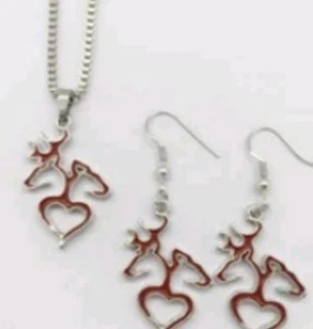 Roter Bock Reh Herz Hirsch Halskette Fisch Haken Ohrringe Set - Bild 1 von 3