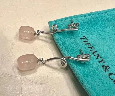 Y2K Tiffany & Co. Sterling Silver Rose Quartz Stud Drop Dangle Earrings US - Image 1 of 4
