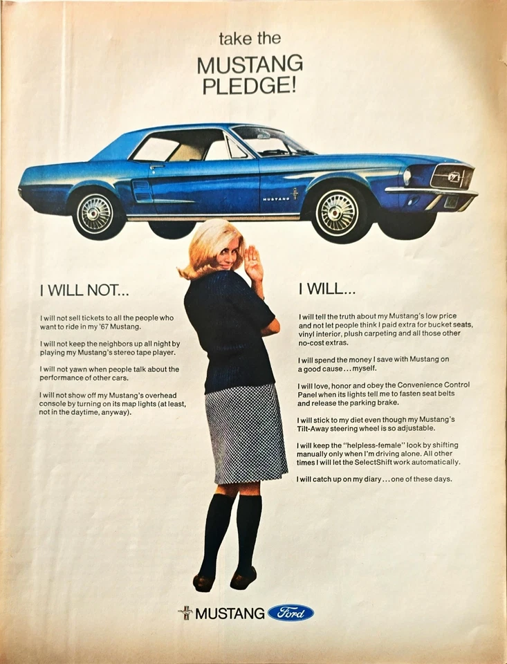Mustang Pledge Ford I Will Not I Will techo rígido azul dama-1966 anuncio impreso vintage Foto 1 de 1