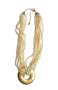 Faux Perle & goldfarben offener Kreis Anhänger Halskette Multi-Strang geschichtet 19" GUC - Bild 1 von 24