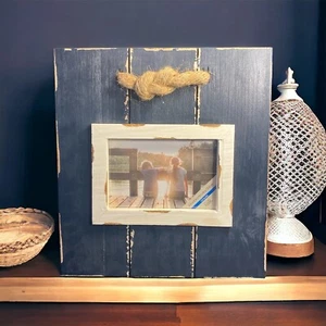 Navy Blue Beach Nautical Scene Wooden Picture Frame With Rope 4x6 - Picture 1 of 10