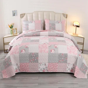 Rosa Full Queen Size Quilt Set Floral Plaid Patchwork Wende gesteppt Tagesdecke - Bild 1 von 8