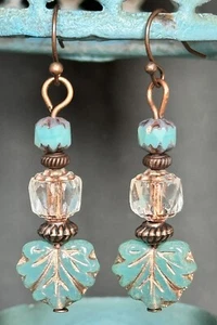 Copper Earrings with Turquoise Beads and Picasso Czech Glass Leaves - Picture 1 of 4