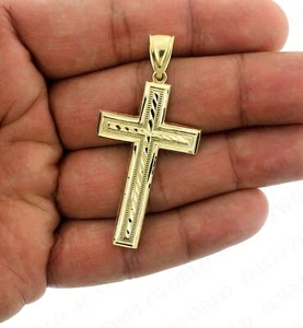Mens Real 10K Yellow Gold Large Cross Pendant Diamond Cut Jesus Charm - Picture 1 of 6