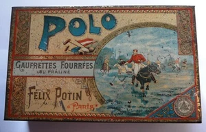 Feine frühe bildhafte französische Polo Sport Keksdose von Felix Potin Paris  - Bild 1 von 6
