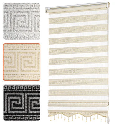 Doppelrollo Klemmfix Ornament Mäander Zebrarollo Blickdicht Klemmrollo Weiß Gold - Bild 1 von 4