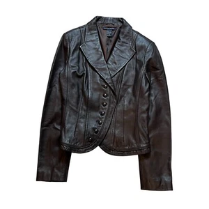 Boston Proper Jacket Women’s Size 8 Brown 100% Leather Button Up Military Biker - Picture 1 of 8