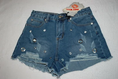 Mujer AZUL DENIM CINTURA ALTA JEAN SHORTS Ojales RASGADO Deshilachado HOT KISS Talla 8 Foto 1 de 2