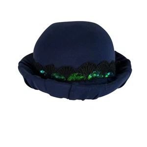 Wool Bowler Hat Navy With Black Lace Green Sequin Trim Elegant Classic Style - Picture 1 of 12