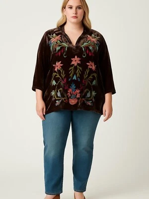 Camisa Johnny Was Terciopelo Pop Over Mezcla Seda Marrón XL Boho Bordada Floral Foto 1 de 4