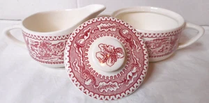 1960 Memory Lane Cream Sugar 3Pc Set Royal Ironstone Red Transferware Hair Crack - Bild 1 von 14