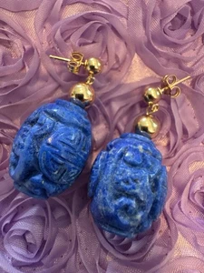 14K Yellow Gold Carved Natural Lapis Lazuli Barrels & Beads -Drop Post Earrings - Picture 1 of 5