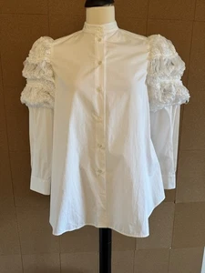 Max Mara Weekend Blouse Size 10 White Puff Ruffle Sleeves Button Down Statement - Picture 1 of 22