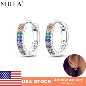 MULA Original Rainbow Hoop Earrings AAA CZ For Women Jewelry 925 Silver - Picture 1 of 6