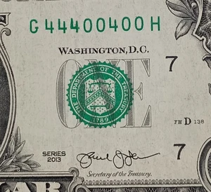 G44400400H $1 Binary Repeater 4s 0s Fancy Serial Number One Dollar Bill 2013 - Picture 1 of 3